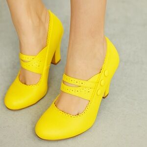 Yellow Mary Jane Block Heel Pumps